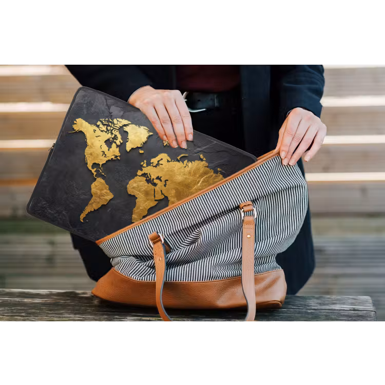 Wereldkaart - Goud - Steen laptophoes neopreen klein -tas