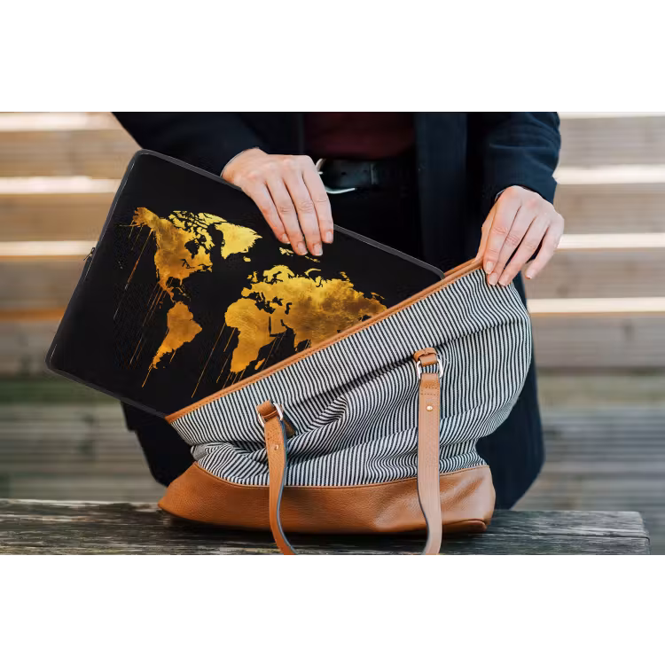 Wereldkaart - Goud - Druipen - Zwart laptophoes neopreen klein -tas
