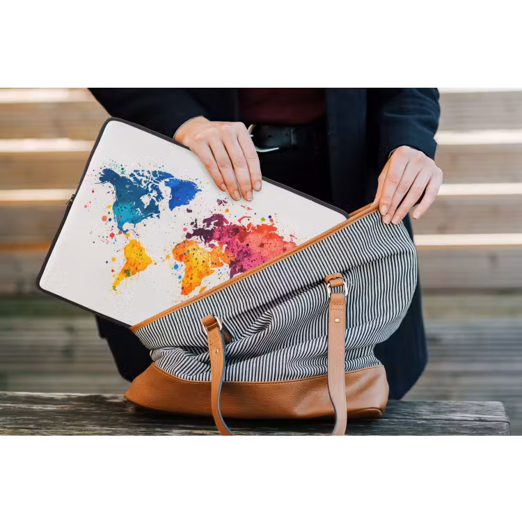 Wereldkaart - Graffiti - Kleurrijk laptophoes neopreen klein -tas