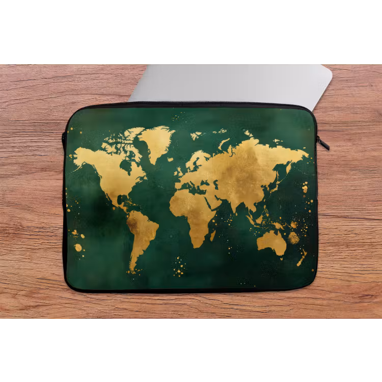 Wereldkaart - Groen - Goud laptophoes neopreen klein -tafel