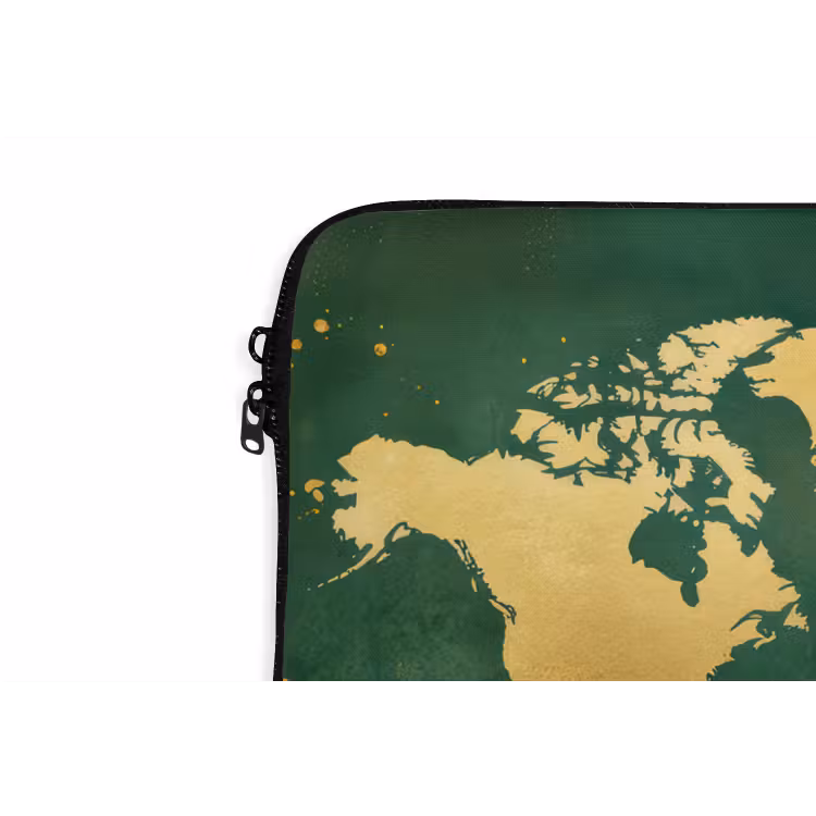 Wereldkaart - Groen - Goud laptophoes neopreen klein -detail