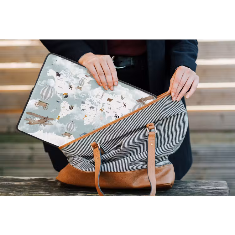 Wereldkaart - Kind - Vliegtuig laptophoes neopreen klein -tas