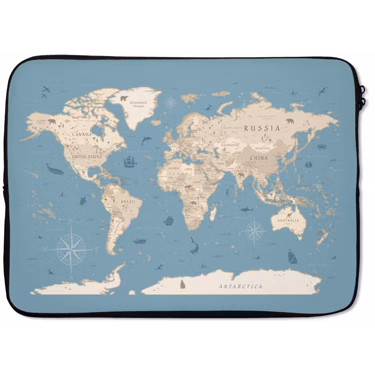 Wereldkaart - Oceaan - Realistisch - Blauw laptophoes neopreen klein -zkaufland3dotto