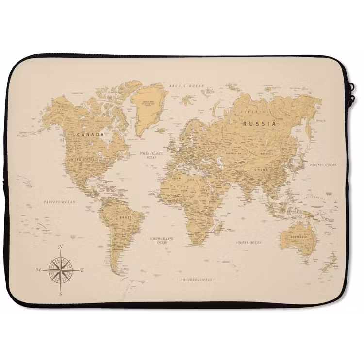 Wereldkaart - Realistisch - Beige laptophoes neopreen klein -zkaufland3dotto