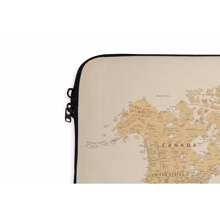 Wereldkaart - Realistisch - Beige laptophoes neopreen klein -detail