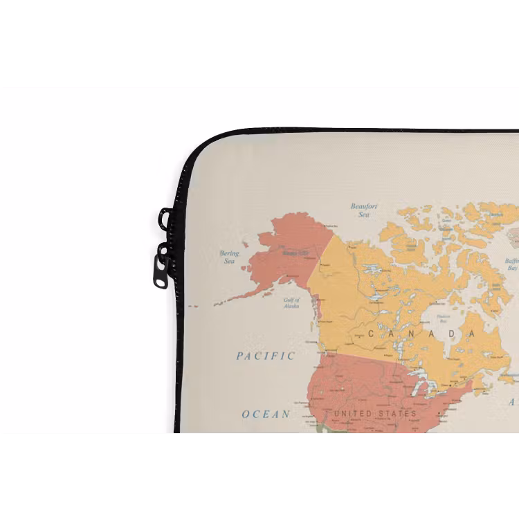 Wereldkaart - Realistisch - Beige laptophoes neopreen klein -detail