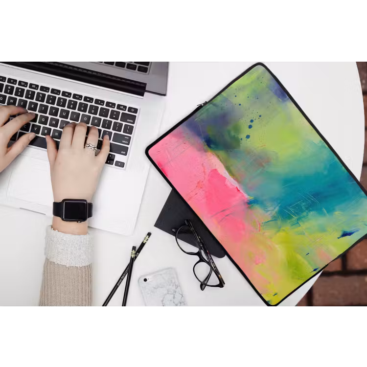 Abstract - Kleuren - Modern - Groen - Roze laptophoes neopreen klein -bureau
