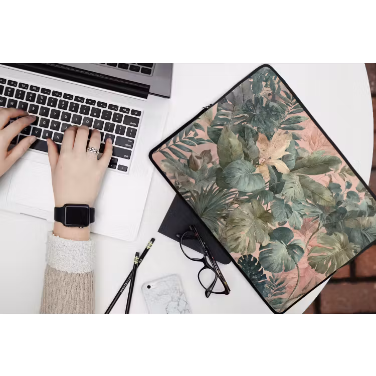 Compositie van bladeren - Groen - Roze laptophoes neopreen klein -bureau