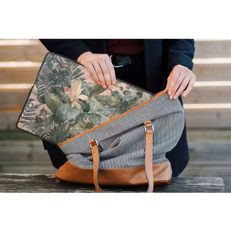 Compositie van bladeren - Groen - Roze laptophoes neopreen klein -tas