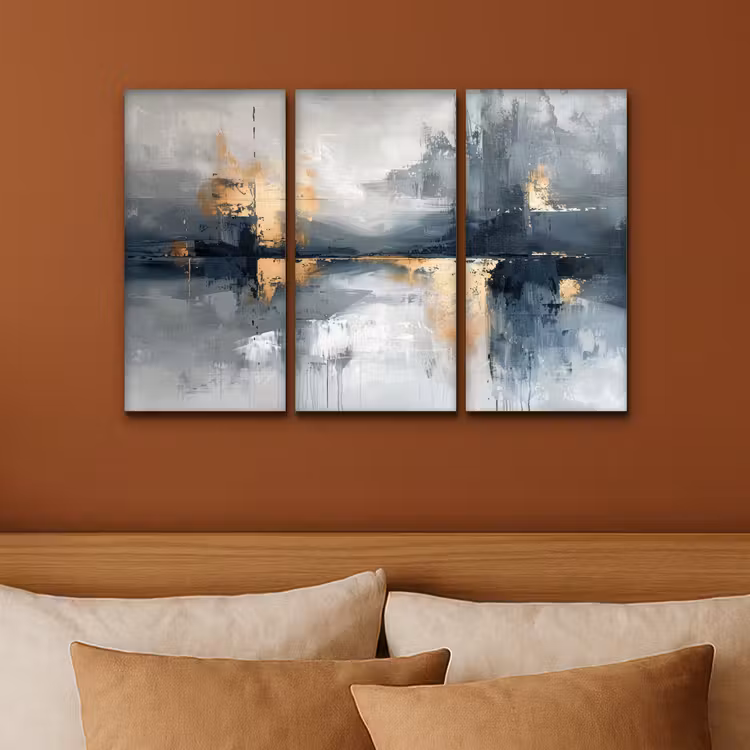 Abstract - Grijs - Goud - Modern Canvas - Meerluiken 3 luik klein -sfeer2