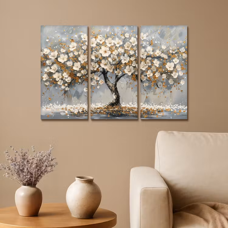 Boom - Abstract - Wit - Bloesem Canvas - Meerluiken 3 luik klein -sfeer1