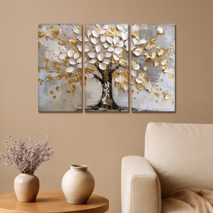 Boom - Wit - Goud - Verflook Canvas - Meerluiken 3 luik klein -sfeer1