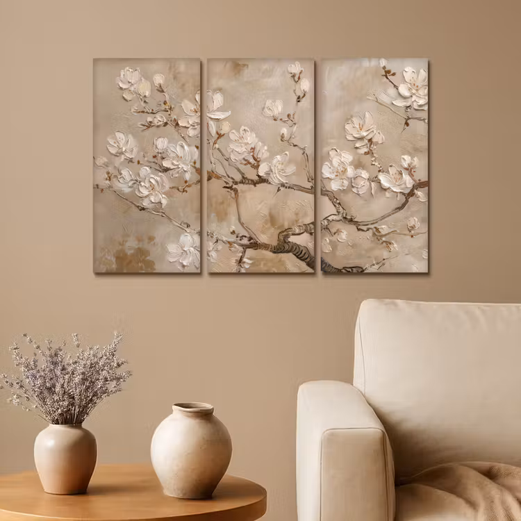 Beige - Bloesem - Modern Canvas - Meerluiken 3 luik klein -sfeer1