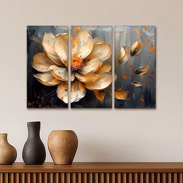 Bloem - Goud - Abstract - Verf Canvas - Meerluiken 3 luik klein -sfeer3