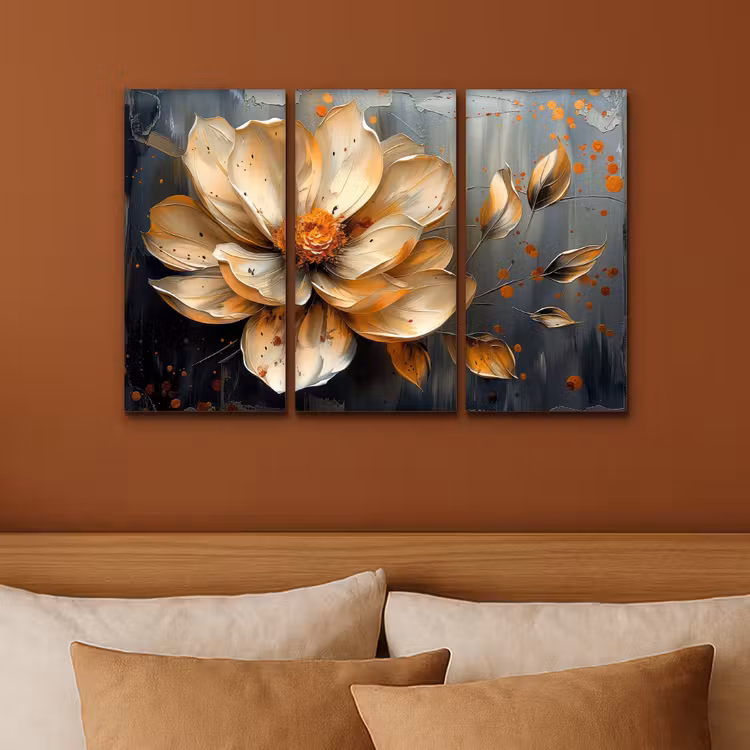 Bloem - Goud - Abstract - Verf Canvas - Meerluiken 3 luik klein -sfeer2