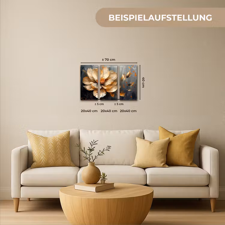 Bloem - Goud - Abstract - Verf Canvas - Meerluiken 3 luik klein -sfeer6-formaat-de