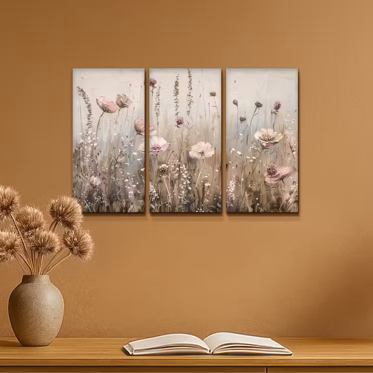 Bloemen - Beige - Modern - Roze Canvas - Meerluiken 3 luik klein -sfeer5
