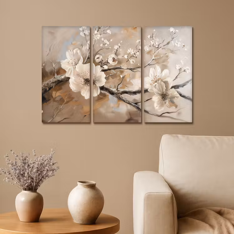 Bloesem - Beige - Abstract - Bloemen Canvas - Meerluiken 3 luik klein -sfeer1