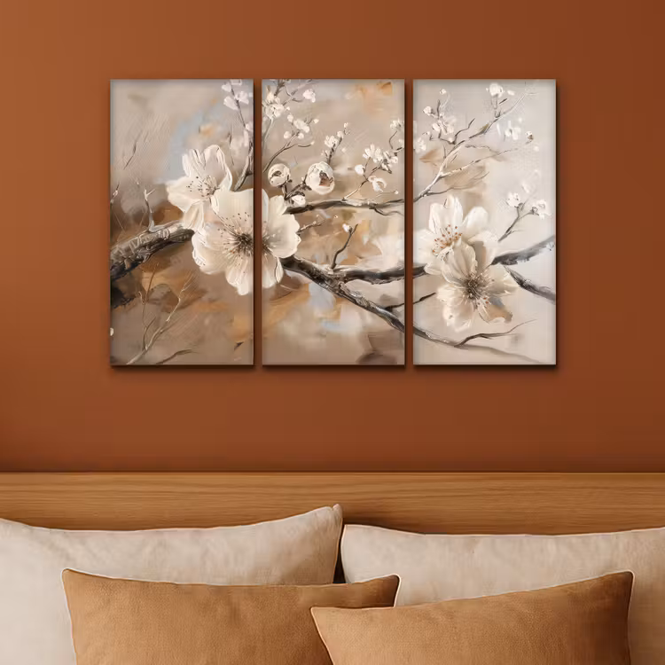 Bloesem - Beige - Abstract - Bloemen Canvas - Meerluiken 3 luik klein -sfeer2