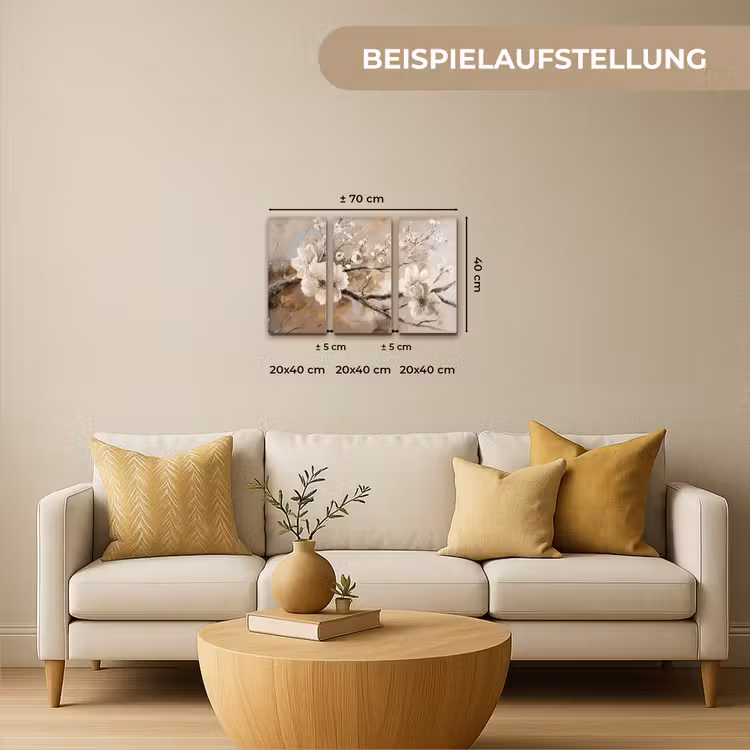 Bloesem - Beige - Abstract - Bloemen Canvas - Meerluiken 3 luik klein -sfeer6-formaat-de