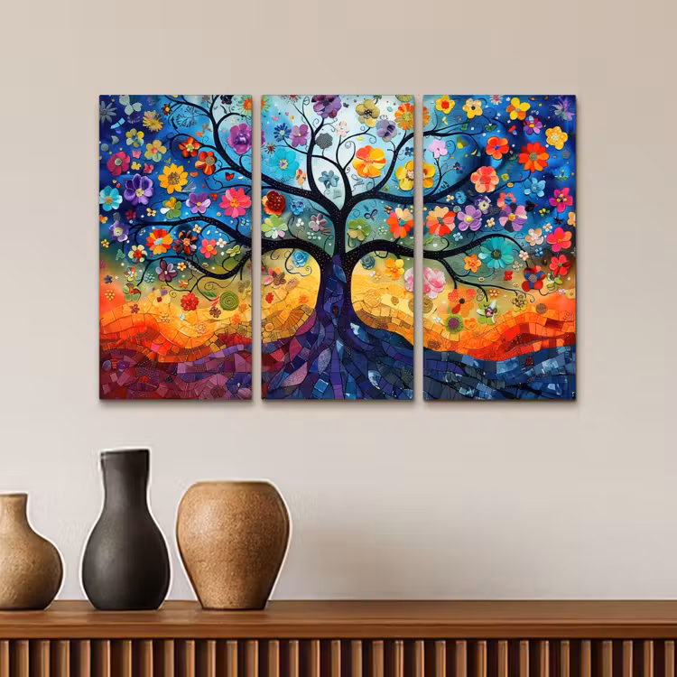 Kleurrijk - Levensboom - Bloemen - Abstract Canvas - Meerluiken 3 luik klein -sfeer3
