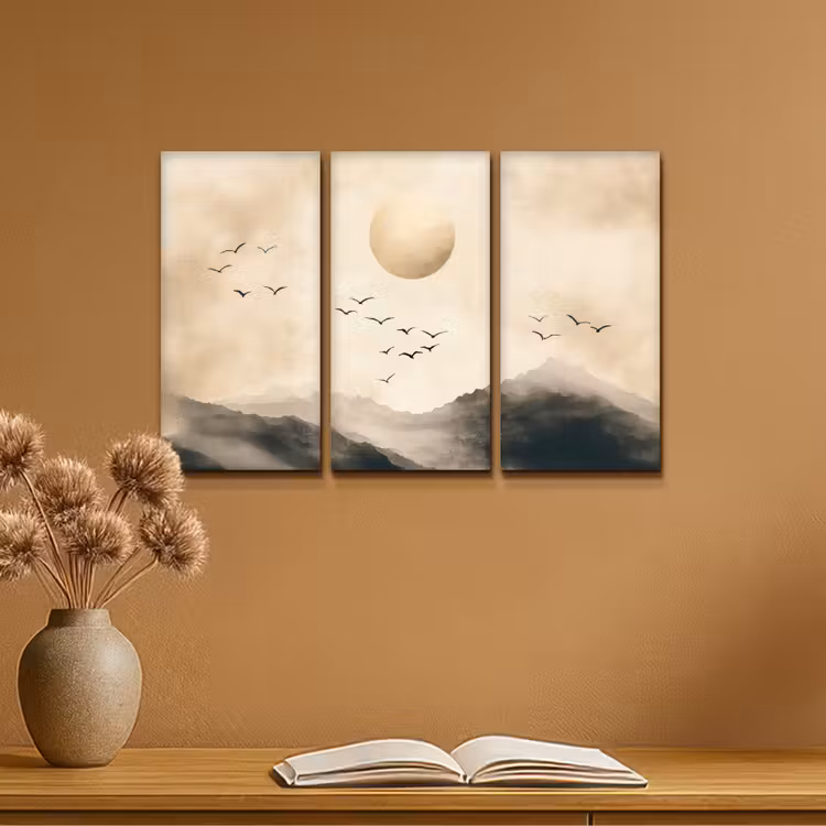 Landschap - Japandi - Beige - Vogels Canvas - Meerluiken 3 luik klein -sfeer5
