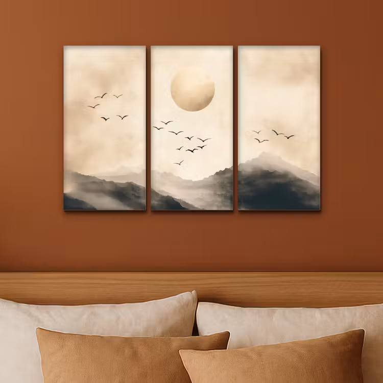 Landschap - Japandi - Beige - Vogels Canvas - Meerluiken 3 luik klein -sfeer2