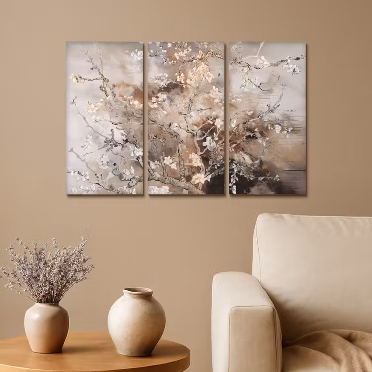 Amandelbloesem - Abstract - Beige Canvas - Meerluiken 3 luik klein -sfeer1