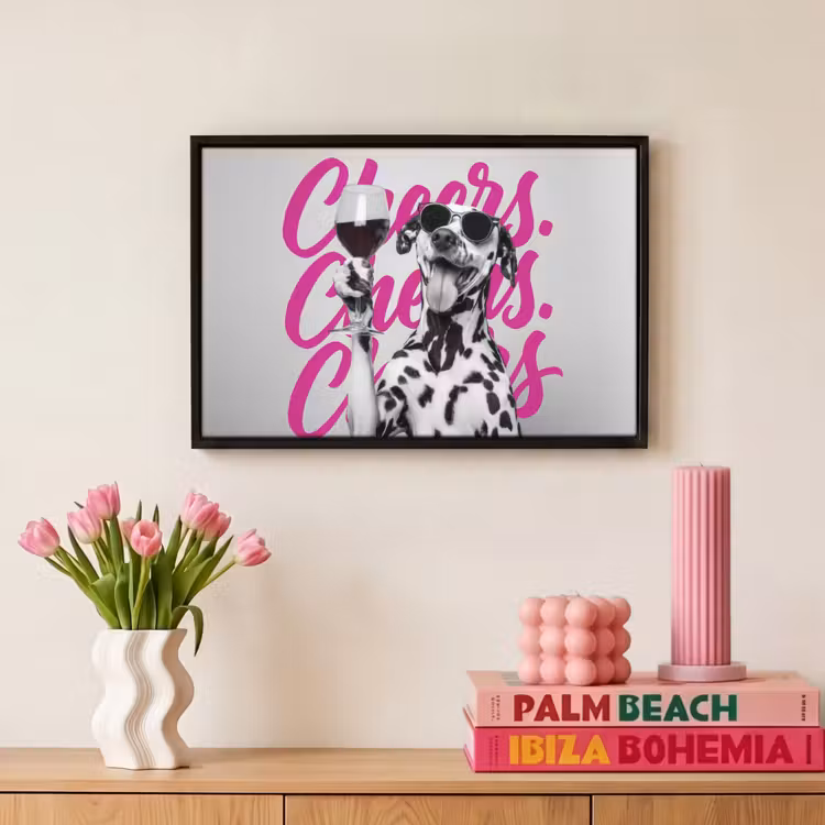Cheers - Hond - Roze - Wijn Canvas met baklijst klein -atmosphere_sfeer1_global