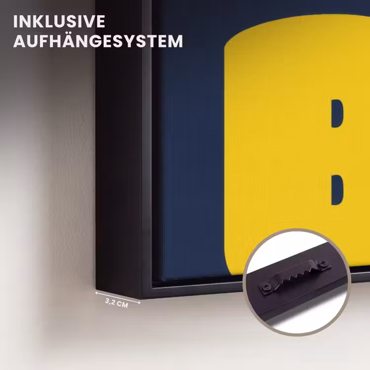 Think big - Blauw - Geel Canvas met baklijst klein -closeup_ophangsysteem_DE