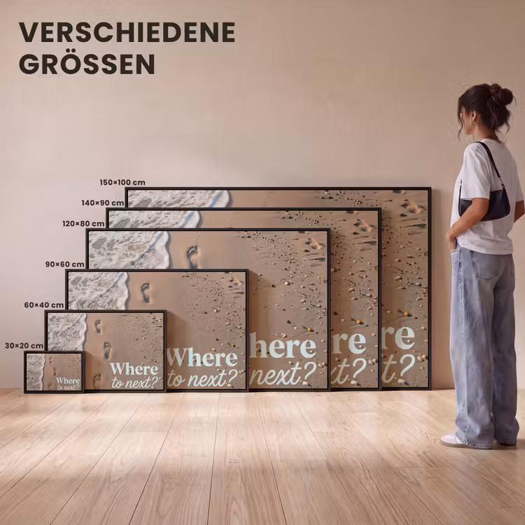 Where to next - Strand - Voetstappen Canvas met baklijst klein -comparison_formatenoverzicht_DE