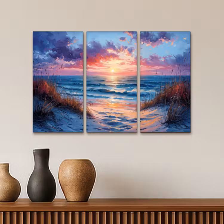 Strand - Blauw - Verf - Paars Canvas - Meerluiken 3 luik klein -sfeer3
