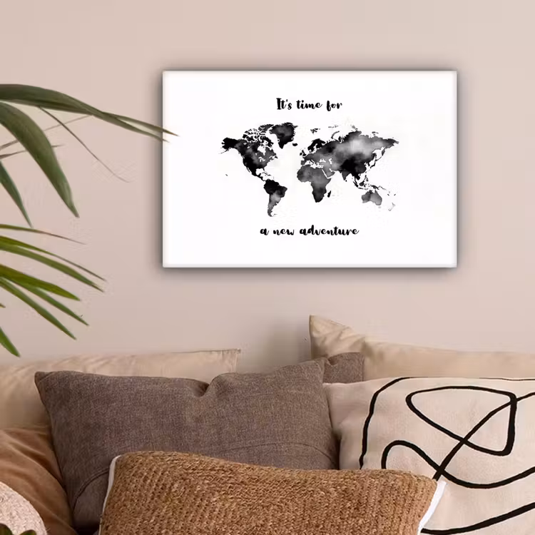 Avontuur - Quote - Wereldkaart - Zwart canvas 2cm klein -sfeer1