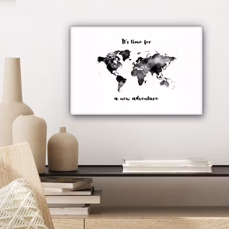 Avontuur - Quote - Wereldkaart - Zwart canvas 2cm klein -sfeer6