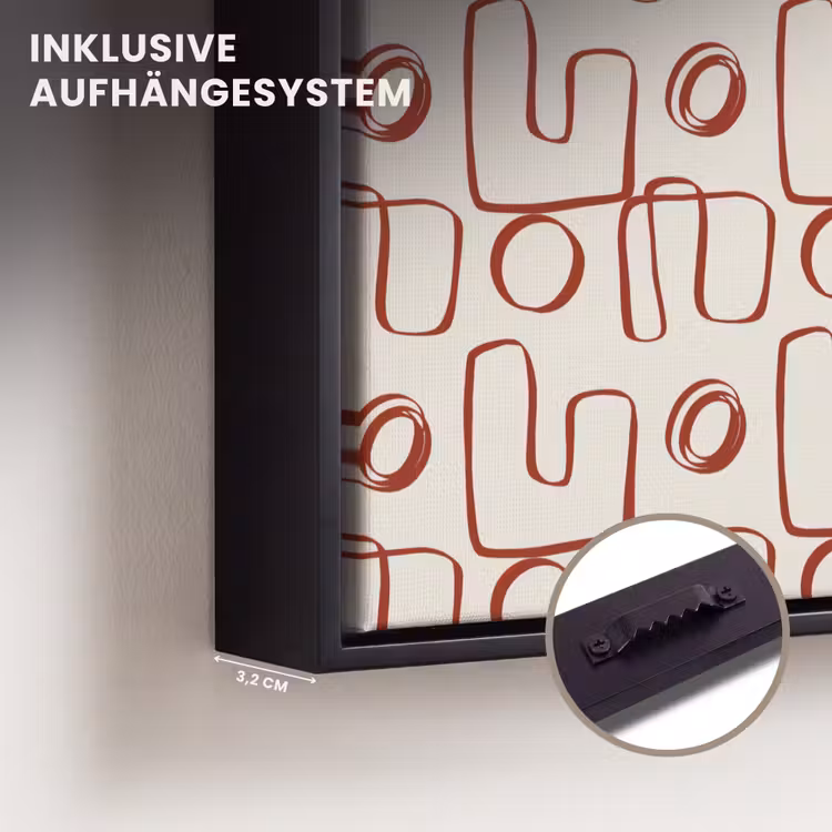 Abstract - Patroon - Beige - Rood Canvas met baklijst klein 1125 -closeup_ophangsysteem_DE