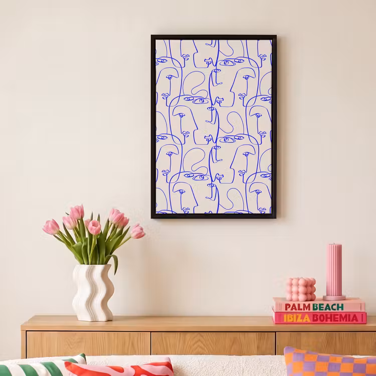Gezicht - Blauw - Lijnen - Beige Canvas met baklijst klein 1125 -atmosphere_sfeer1_global