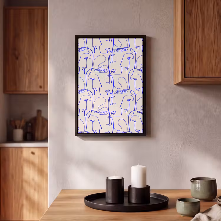 Gezicht - Blauw - Lijnen - Beige Canvas met baklijst klein 1125 -atmosphere_sfeer2_global