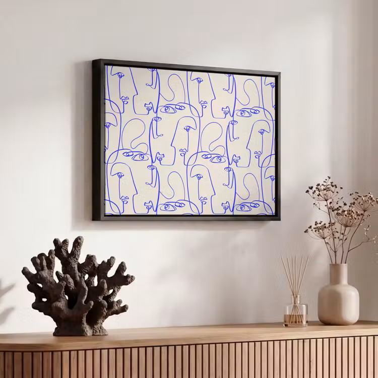 Gezicht - Blauw - Lijnen - Beige Canvas met baklijst klein 1125 -atmosphere_sfeer3_global
