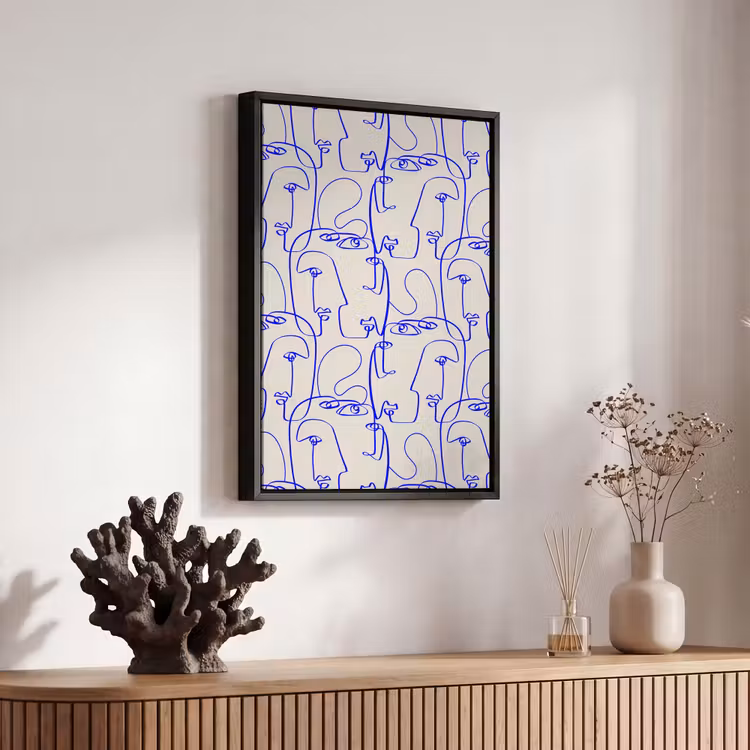 Gezicht - Blauw - Lijnen - Beige Canvas met baklijst klein 1125 -atmosphere_sfeer4_global