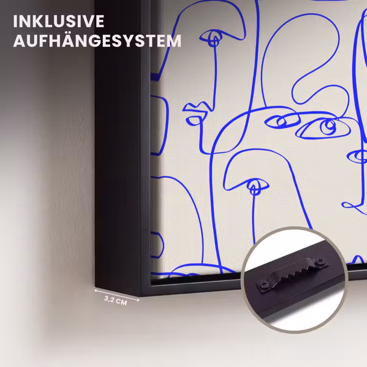 Gezicht - Blauw - Lijnen - Beige Canvas met baklijst klein 1125 -closeup_ophangsysteem_DE