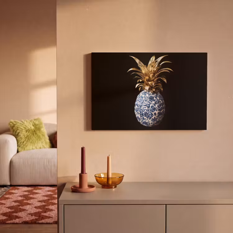 Ananas - Bloemen patroon - Goud - Delftsblauw canvas 2cm klein -sfeer1