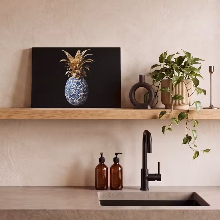 Ananas - Bloemen patroon - Goud - Delftsblauw canvas 2cm klein -sfeer3