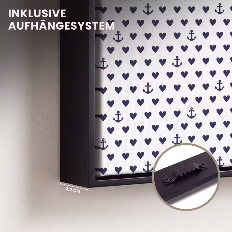 Anker - Hart - Blauw - Wit Canvas met baklijst klein 1124 -closeup_ophangsysteem_DE