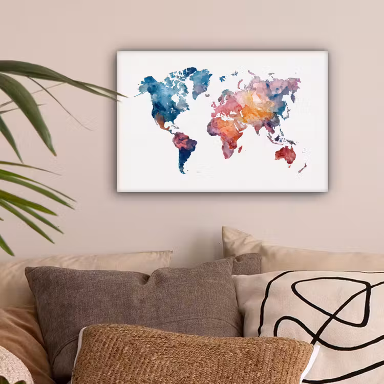 Waterverf - Blauw - Geschilderd - Wereldkaart canvas 2cm klein -sfeer1
