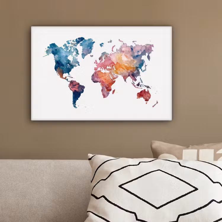 Waterverf - Blauw - Geschilderd - Wereldkaart canvas 2cm klein -sfeer3
