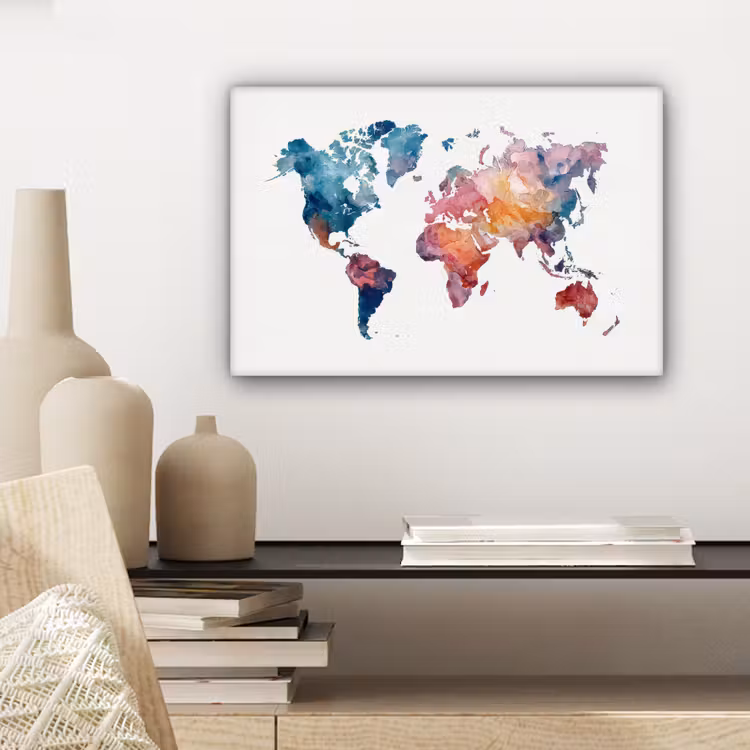 Waterverf - Blauw - Geschilderd - Wereldkaart canvas 2cm klein -sfeer6