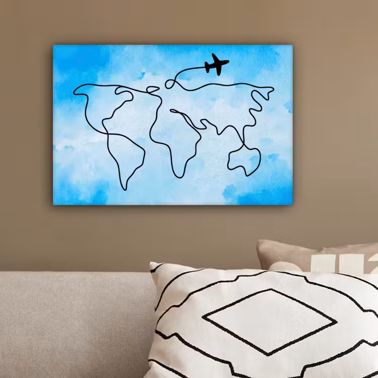 Aquarel - Blauw - Wereldkaart - Vliegtuig canvas 2cm klein -sfeer3