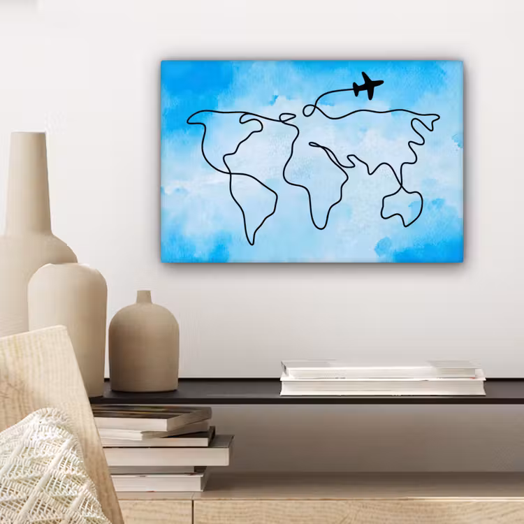 Aquarel - Blauw - Wereldkaart - Vliegtuig canvas 2cm klein -sfeer6