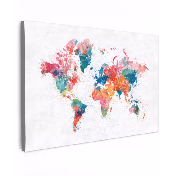 Waterverf - Wereldkaart - Kleurrijk - Continenten canvas 2cm klein -z3d