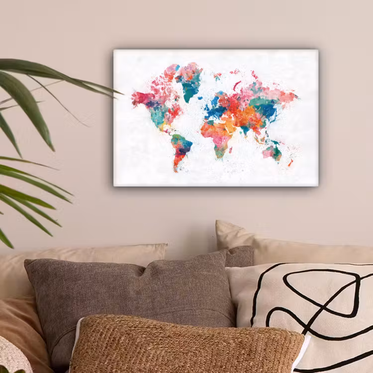 Waterverf - Wereldkaart - Kleurrijk - Continenten canvas 2cm klein -sfeer1
